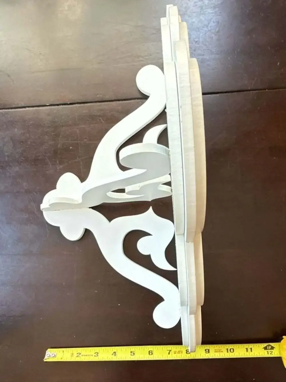 Vintage Style Ornate White Wood Wall Shelf with Decorative Scroll Brackets